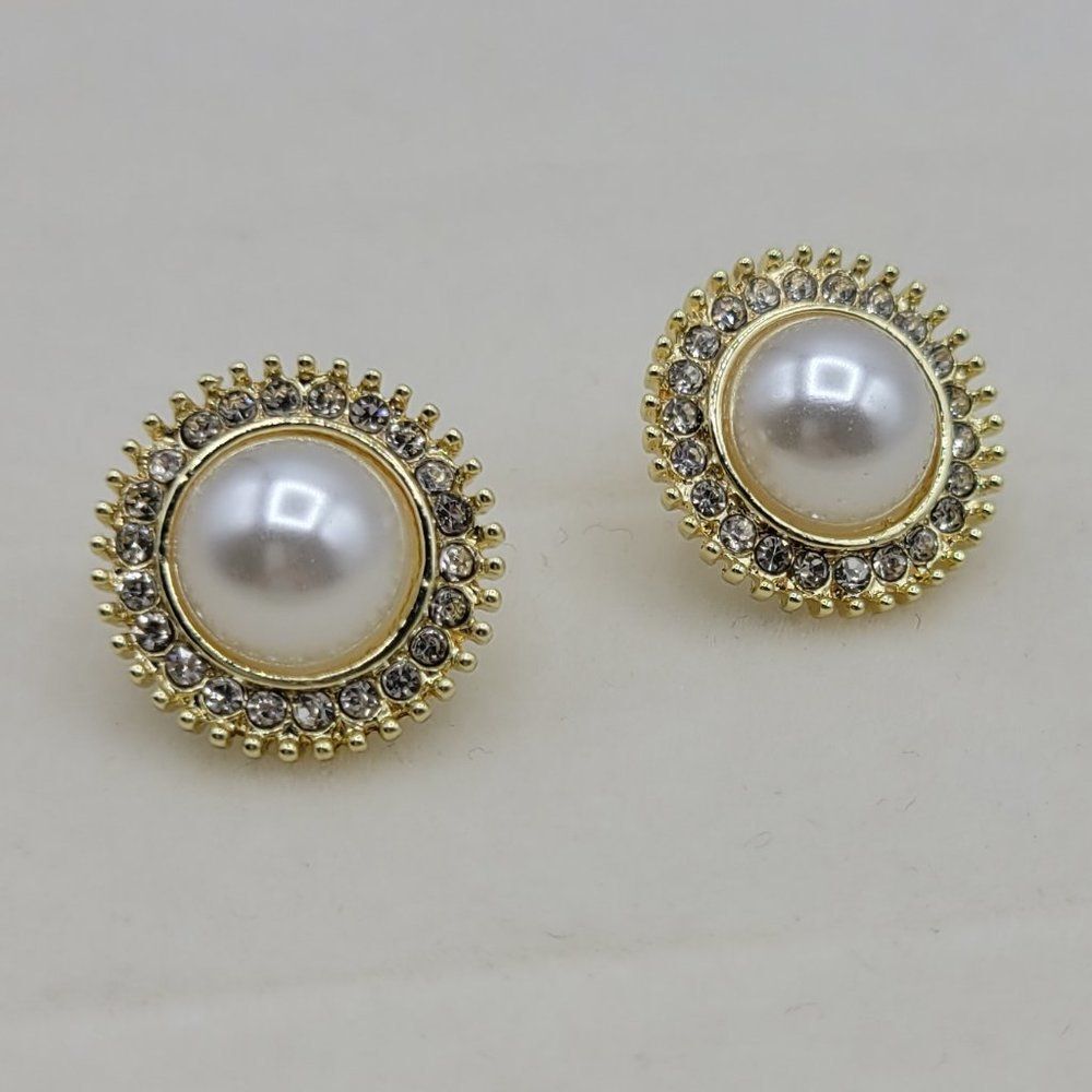 5/$25 Rhinestone Crystal Decorated Faux Pearl Large Stud Post Earrings - Picture 4 of 9